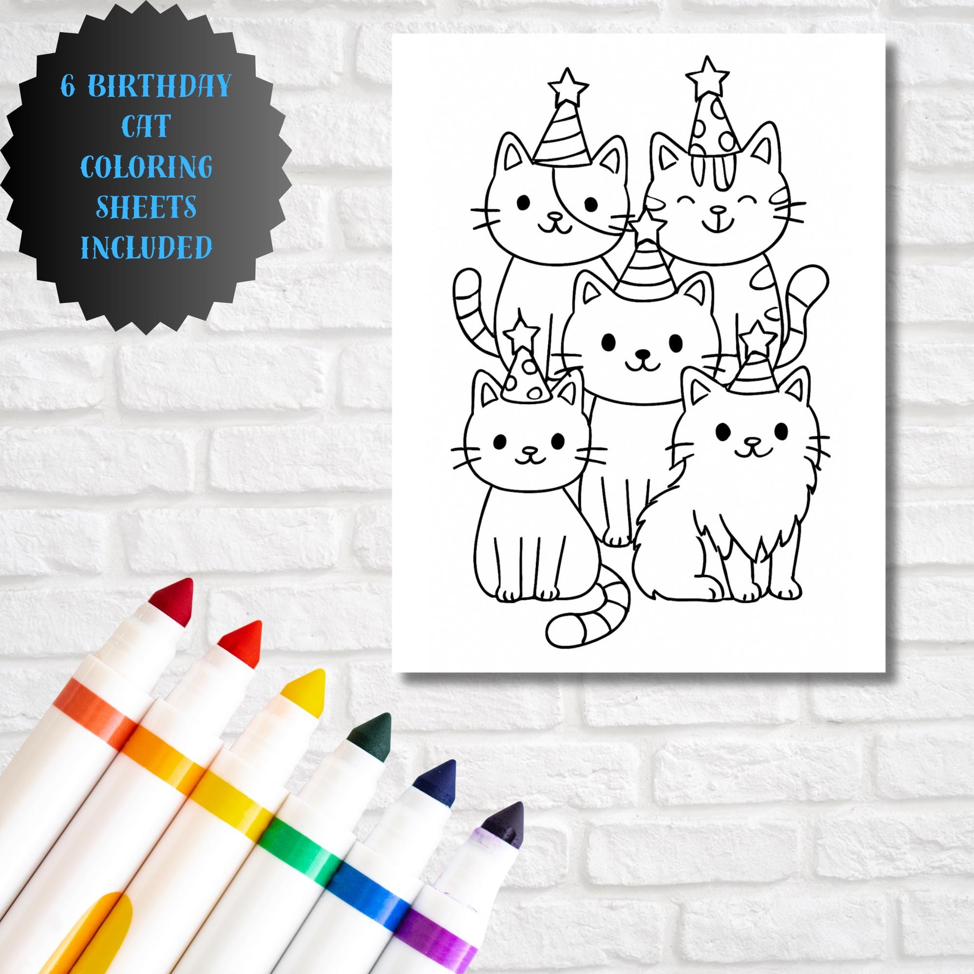 Cat Birthday Coloring Pages – Printable PDF – Cute Cartoon Cats Party ...