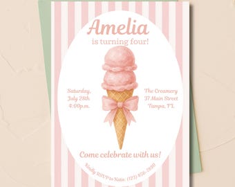 May include: A pink and white striped invitation card with an ice cream cone illustration. The text reads "Amelia is turning four!" and includes party details. A light green envelope is behind the card.