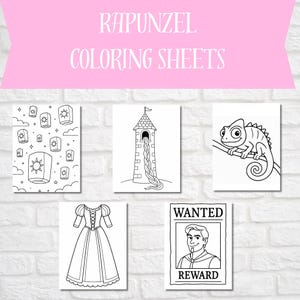 May include: Five black and white coloring sheets featuring Rapunzel-themed illustrations. The sheets include images of floating lanterns, a tower with a long braid, a chameleon, a dress, and a "Wanted" poster.