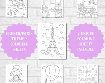 Dibujos para colorear de París para niños / Láminas para colorear imprimibles con temática francesa en PDF / Torre Eiffel, café parisino, niña francesa y más / Descarga instantánea