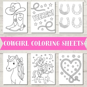 May include: Black and white cowgirl coloring sheets featuring a cowboy hat, boots, horseshoes, a horse, a cowgirl riding a horse, and a heart-shaped rope design. The text "YEEHAW!" is also included.