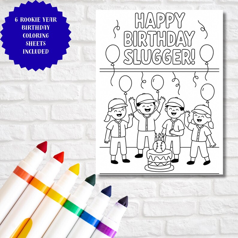 Rookie Year Birthday Party Coloring Sheets – Printable PDF | Baseball ...