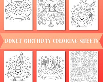 May include: A set of six black and white donut-themed coloring sheets. The sheets feature various donut designs, including donuts with sprinkles, donuts with candles, and donuts with balloons. The text "DONUT BIRTHDAY COLORING SHEETS" is displayed.