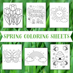 May include: Six spring-themed coloring sheets with line drawings of tulips, a smiling sun, a butterfly, a rainbow, bees, and a beehive. The words "Happy Spring!" are also included on one sheet.