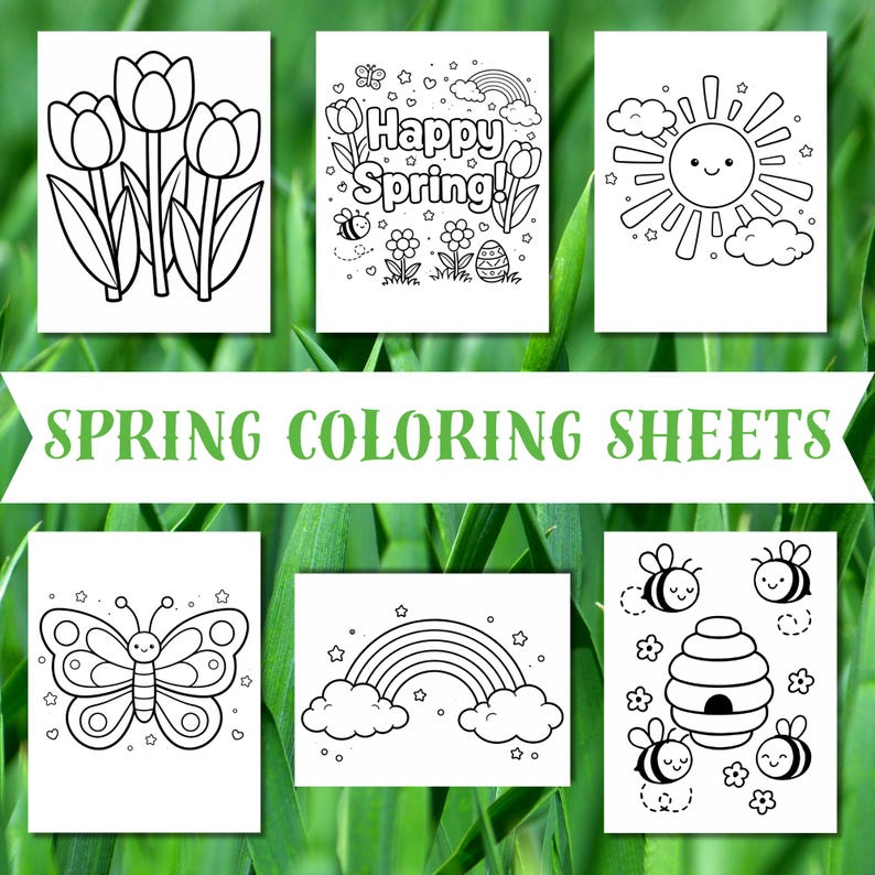 May include: A collection of six spring-themed coloring sheets. The sheets feature line drawings of tulips, a sun with a smiling face, a butterfly, a rainbow, bees, and a beehive. The words "Happy Spring!" are also included.