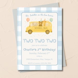 The Toddler on the Bus Turns Two Two Two - 2nd Birthday Invitation | Wheels on the Bus Theme | Digital Download | Printable Party Invite