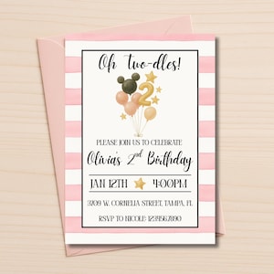 Oh Two-dles Birthday Invitation | 2nd Birthday Girl Mouse Theme | Editable Digital Invite | Canva Template | Second Birthday Invite