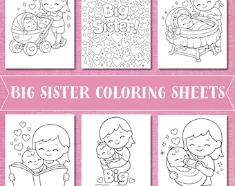 Schwester zum Ausmalen | Druckbare große Schwester Geschenk | Geschwister Malvorlage | Neues Baby PDF Download