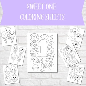 Könnte beinhalten: Schwarz-Weiß-Malvorlagen mit Illustrationen von Süßigkeiten, darunter Eiswaffeln, Cupcakes, Lollis und Bonbons. Der Text "SWEET ONE COLORING SHEETS" ist oben zu sehen. Ideal für Kindergeburtstage.