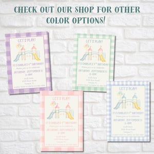 May include: Four birthday party invitations with a playground theme. Each card has a gingham border in purple, green, pink, and blue. The text reads "Let's Play!" and includes party details.