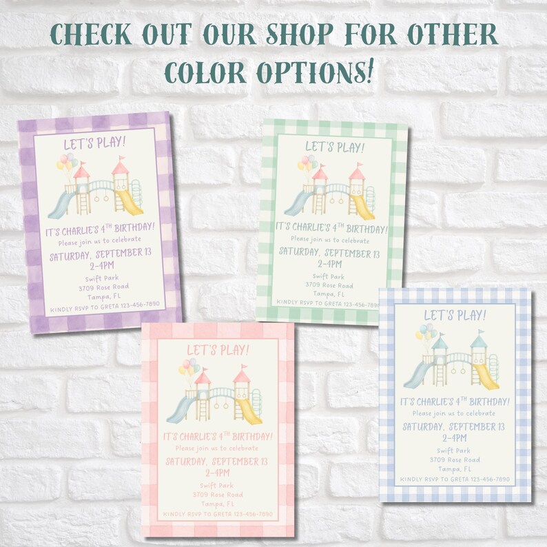 May include: Four birthday party invitations with a playground theme. Each card has a gingham border in purple, green, pink, and blue. The text reads "Let's Play!" and includes party details.