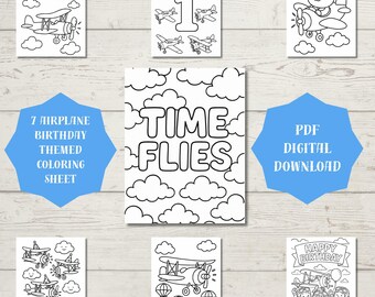 Airplane Birthday Coloring Pages | Time Flies When You’re Turning 1 | Vintage Plane Birthday Activity | Printable PDF Bundle