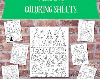 Camping Coloring Pages – Happy Camper Printable PDF | Instant Download | Kids Camp Activity | Camping Birthday | 7 Sheet Bundle