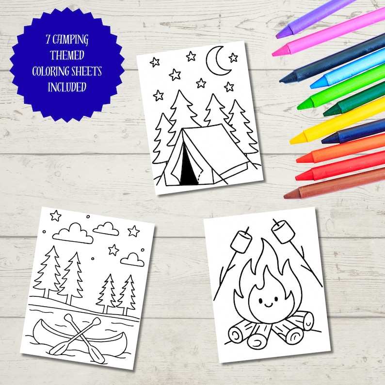 Camping Coloring Pages – Happy Camper Printable PDF | Instant Download | Kids Camp Activity | Camping Birthday | 7 Sheet Bundle