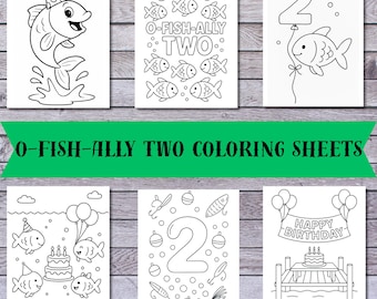 O-Fish-Ally Två målarbilder | Utskrivbara 2-årsdag | Målarbild under havet | Fiskkalasaktivitet | Direkt nedladdning