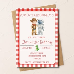 You&#39;ve Got a Friend Who&#39;s 3 | Cowboy & Astronaut 3rd Birthday Invitation | Editable Digital Template | Canva Download - Toy Inspired Theme