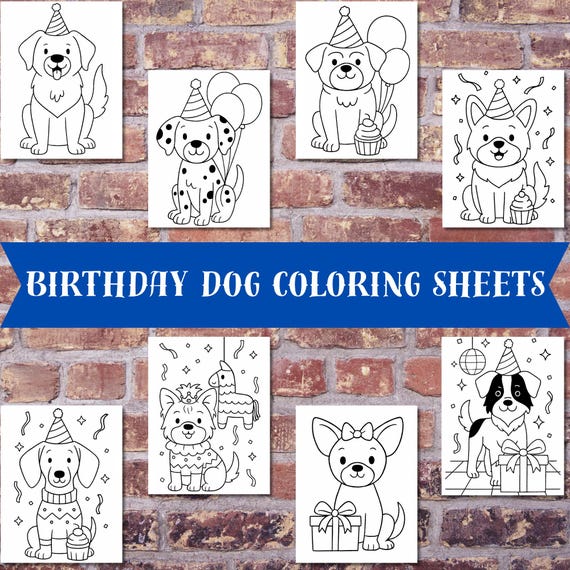Birthday Dog Coloring Pages | Printable Cartoon Dog Breeds PDF | Party Coloring Sheets for Kids | Puppy Birthday Activity | Instant Download