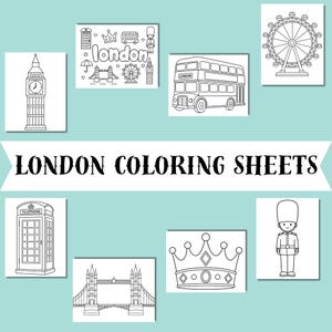 Peut inclure: Ensemble de feuilles de coloriage sur le thème de Londres, en noir et blanc. Images de Big Ben, d'un bus à impériale, d'une cabine téléphonique, du London Eye, d'une couronne, d'un pont et d'une garde royale. Le texte "LONDON COLORING SHEETS" est affiché.