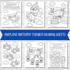 Könnte beinhalten: Eine Sammlung von Ausmalbildern zum Thema Flugzeuge in Schwarzweiß. Die Blätter zeigen Flugzeuge, Wolken und Elemente zum Geburtstag, darunter eine Torte und den Text "Happy Birthday!"