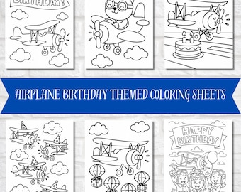 Printable Airplane Birthday Party Coloring Sheets Bundle – Instant Download | Planes Party Coloring Sheets | Vintage Airplane Coloring