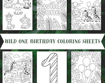 Wild One Jungle Birthday Coloring Pages | Safari Animal Party Printable PDF | First Birthday Coloring Sheet Bundle |  Kids Party Activity