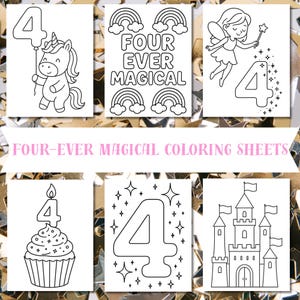 Four Ever Magical Coloring Pages Bundle | 4th Birthday Coloring Sheets PDF | Unicorn Fairy Rainbow Number 4 Coloring Book Kids Printable