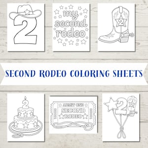 Könnte beinhalten: Schwarz-Weiß-Malvorlagen mit Rodeo-Motiven. Die Bilder zeigen einen Cowboyhut mit der Zahl 2, den Text "my second rodeo", einen Cowboy-Stiefel mit der Zahl 2, einen Kuchen mit einer Kerze und der Zahl 2, ein Ticket mit "Second Rodeo" und einen Ballon mit der Zahl 2 und einem Cowboy-Stiefel.