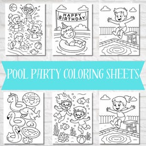 Op de afbeelding: Een verzameling zwart-wit kleurplaten met een zwembadfeestthema. De vellen tonen kinderen die zwemmen, spelen met zwembadspeelgoed en een verjaardag vieren. De tekst "POOL PARTY COLORING SHEETS" wordt weergegeven.