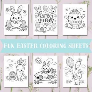 May include: Six black and white Easter-themed colouring sheets featuring cartoon bunnies, chicks, eggs, and carrots. The phrase "FUN EASTER COLOURING SHEETS" is printed across the centre of the image. Each sheet has a different design.