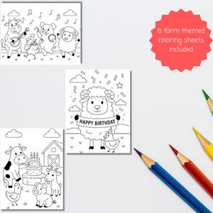 May include: Black and white farm-themed coloring sheets featuring a cow playing a guitar, a pig with a tambourine, and a sheep dancing. Another sheet shows a sheep holding a "Happy Birthday" banner. Includes 8 coloring sheets.