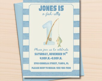 O-Fish-ally One Birthday Invitation | Boy First Birthday Party | Editable Canva Template | Fish Theme | Digital Download | Fishing Invite