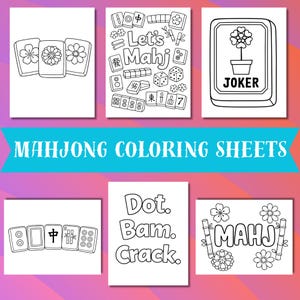Könnte beinhalten: Eine Sammlung von Mahjong-Malvorlagen in Schwarzweiß. Die Blätter zeigen verschiedene Mahjong-Steine, das Wort "Joker" und den Text "Let's Mahj". Der Text "Mahjong Coloring Sheets" ist ebenfalls vorhanden.