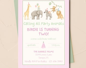 Calling All Party Animals Birthday Invitation | Pink Girls Digital Invite | Editable Safari Animal Party  | Jungle Birthday Download