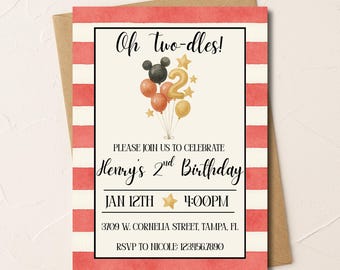 Oh Twodles Birthday Invitation • Mickey Mouse Inspired 2nd Birthday Invite • Editable Digital Template •  Second Birthday Party Printable