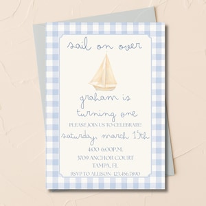 Sail On Over First Birthday Invitation – Nautical Sailboat Theme – Editable Canva Template – Digital Download - Boat Invite - Sailboat Party