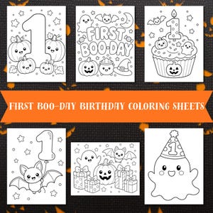 Op de afbeelding: Zes zwart-wit kleurplaten met Halloween-thema's met pompoenen, spoken, vleermuizen en het cijfer &eacute;&eacute;n. De tekst FIRST BOO-DAY BIRTHDAY COLORING SHEETS staat op een oranje banner in het midden van de afbeelding.