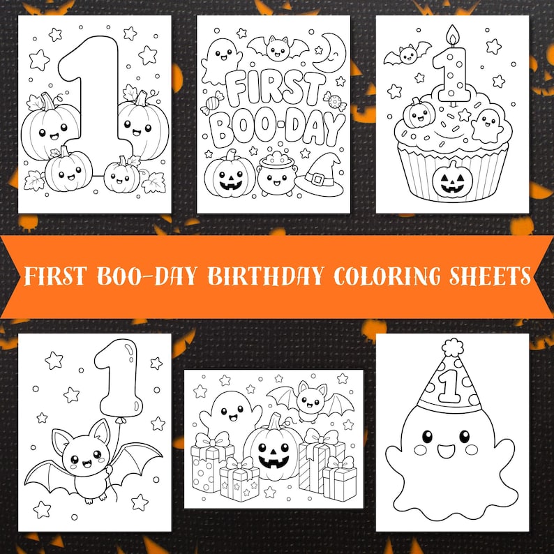 Op de afbeelding: Zes zwart-wit kleurplaten met Halloween-thema's met pompoenen, spoken, vleermuizen en het cijfer &eacute;&eacute;n. De tekst FIRST BOO-DAY BIRTHDAY COLORING SHEETS staat op een oranje banner in het midden van de afbeelding.