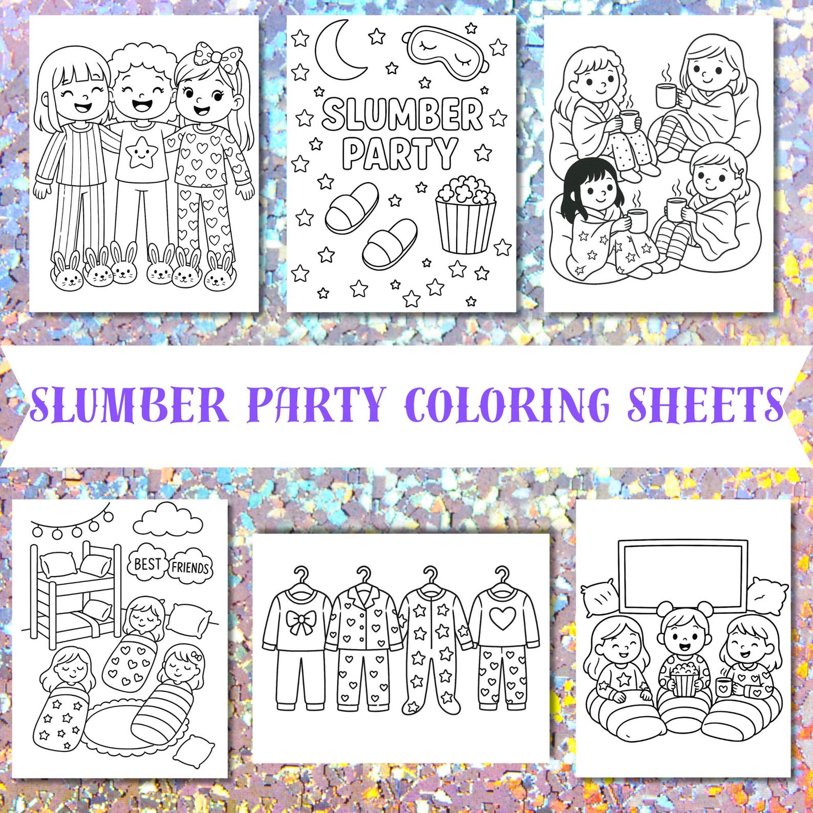 Slumber Party Coloring Pages Printable PDF | Sleepover Activity Sheets ...