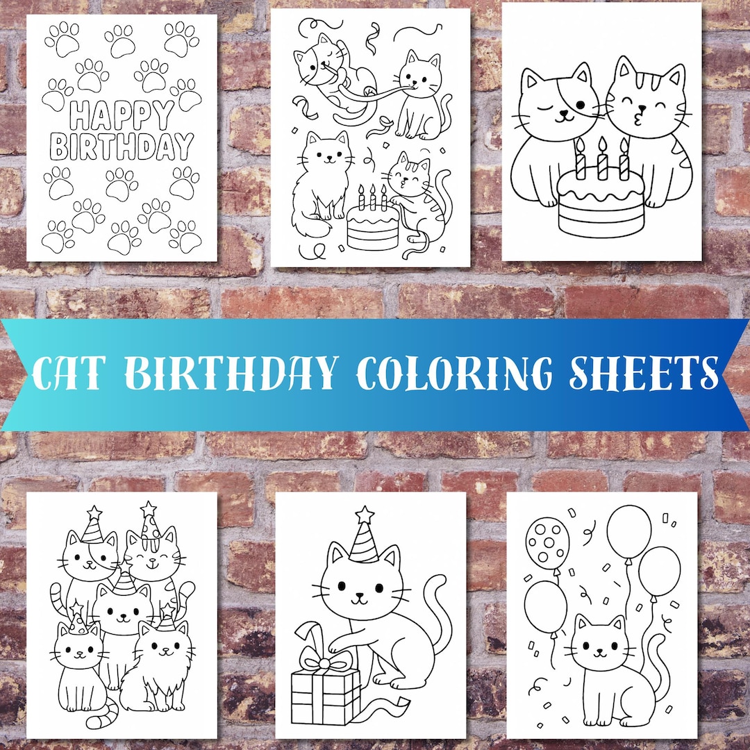 Cat Birthday Coloring Pages – Printable PDF – Cute Cartoon Cats Party ...