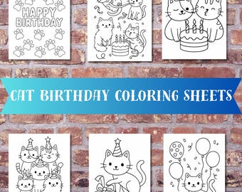 Cat Birthday Coloring Pages – Printable PDF – Cute Cartoon Cats Party Theme – Kids Activity Sheets – Instant Download - Kitty Coloring