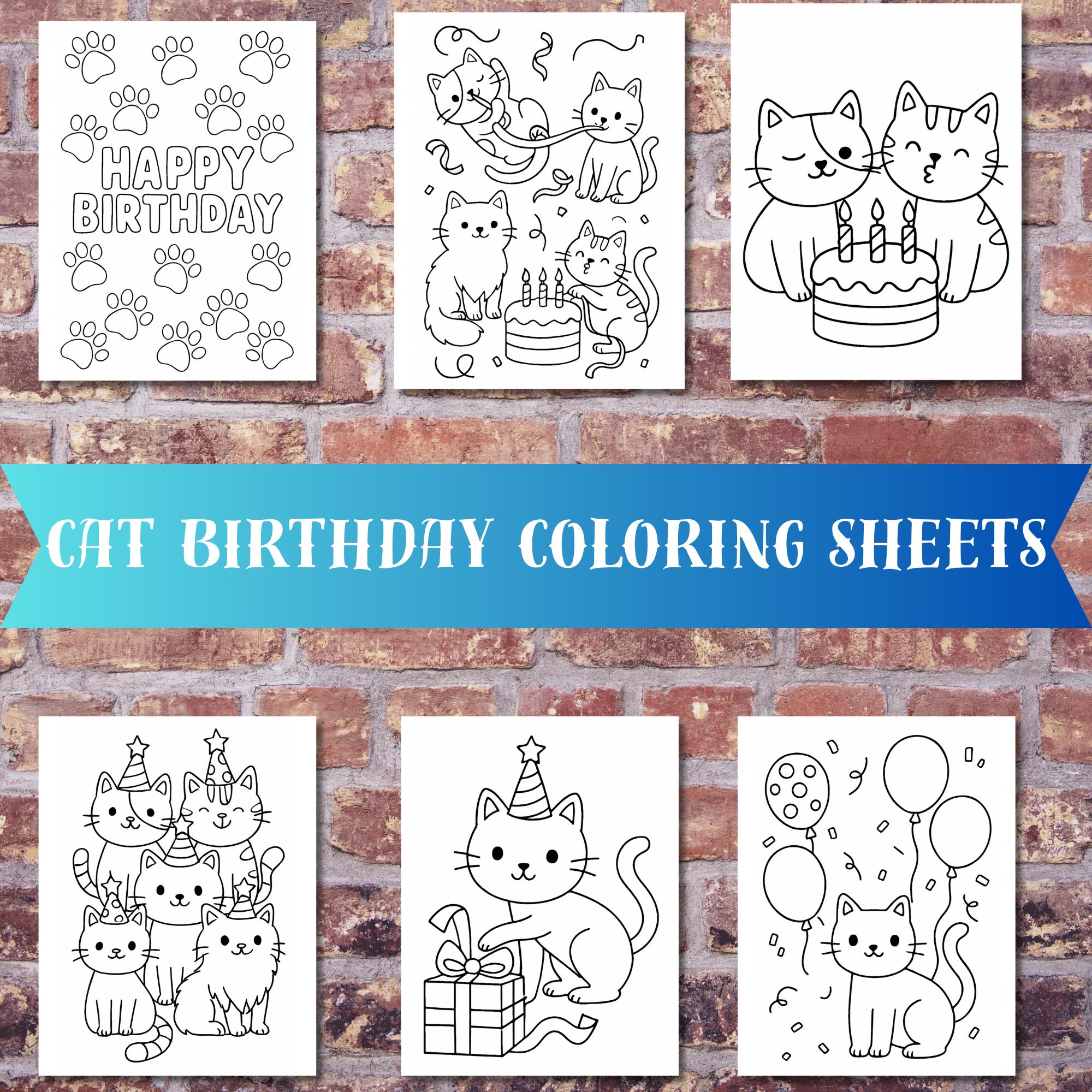 Cat Birthday Coloring Pages - Printable PDF - Cute Cartoon Cats…