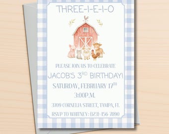 Farm Birthday Invitation | “Three-i-e-i-o” 3rd Birthday Party Invite | Editable Canva Template | Digital Download
