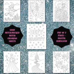 Puede incluir: Siete páginas para colorear en blanco y negro con ilustraciones de fantasía y cuentos de hadas. Las imágenes incluyen una bruja, un príncipe, un ingeniero steampunk, una princesa, un camino de ladrillos amarillos y monos alados. Texto: "Defy Gravity" y "Good Witch/Wicked Witch Coloring Sheets."