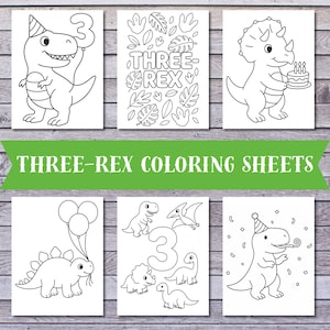 以下が含まれることがあります： 白黒の恐竜をテーマにした塗り絵シートが6枚。シートには、さまざまな恐竜、風船、バースデーケーキのイラストが描かれています。「THREE-REX COLORING SHEETS」というテキストが緑色で表示されています。