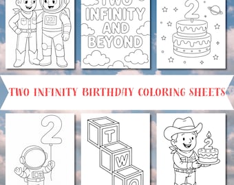 Dos páginas para colorear de "Infinito y más allá" / Imprimible para fiesta de segundo cumpleaños / Paquete de hojas para colorear en PDF de Vaquero, Woody, Buzz y Astronauta