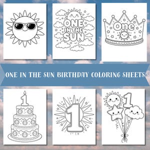 Könnte beinhalten: Schwarz-Weiß-Malvorlagen mit einem Sonnenthema. Designs umfassen eine Sonne mit Sonnenbrille, eine Sonne mit dem Text "ONE IN THE SUN", eine Krone mit dem Wort "One", eine mehrstöckige Torte mit einer Kerze mit der Nummer eins und Ballons.