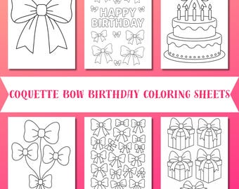 Bow Birthday Coloring Pages Bundle | Printable Coquette Coloring Sheets | Cute Bow Designs | Party Favors | Instant Download