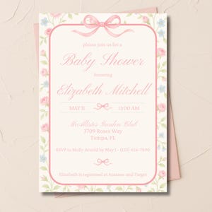 Printable Baby Girl Pink Floral Baby Shower Invitation - Digital Baby Shower Invite - Watercolor Pink Coquette Bow  - Grandmillenial Invite