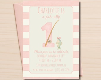 O-Fish-ally One Birthday Invitation | Girl First Birthday Party | Editable Canva Template | Fish Theme | Digital Download | Fishing Invite