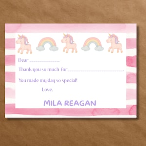 Füllen Sie die leeren Dankeskarten für Kinder aus, Einhorn-Dankeskarten für Mädchen, Regenbogen-Dankeskarten, Einhorn-Dankeschön-Karte